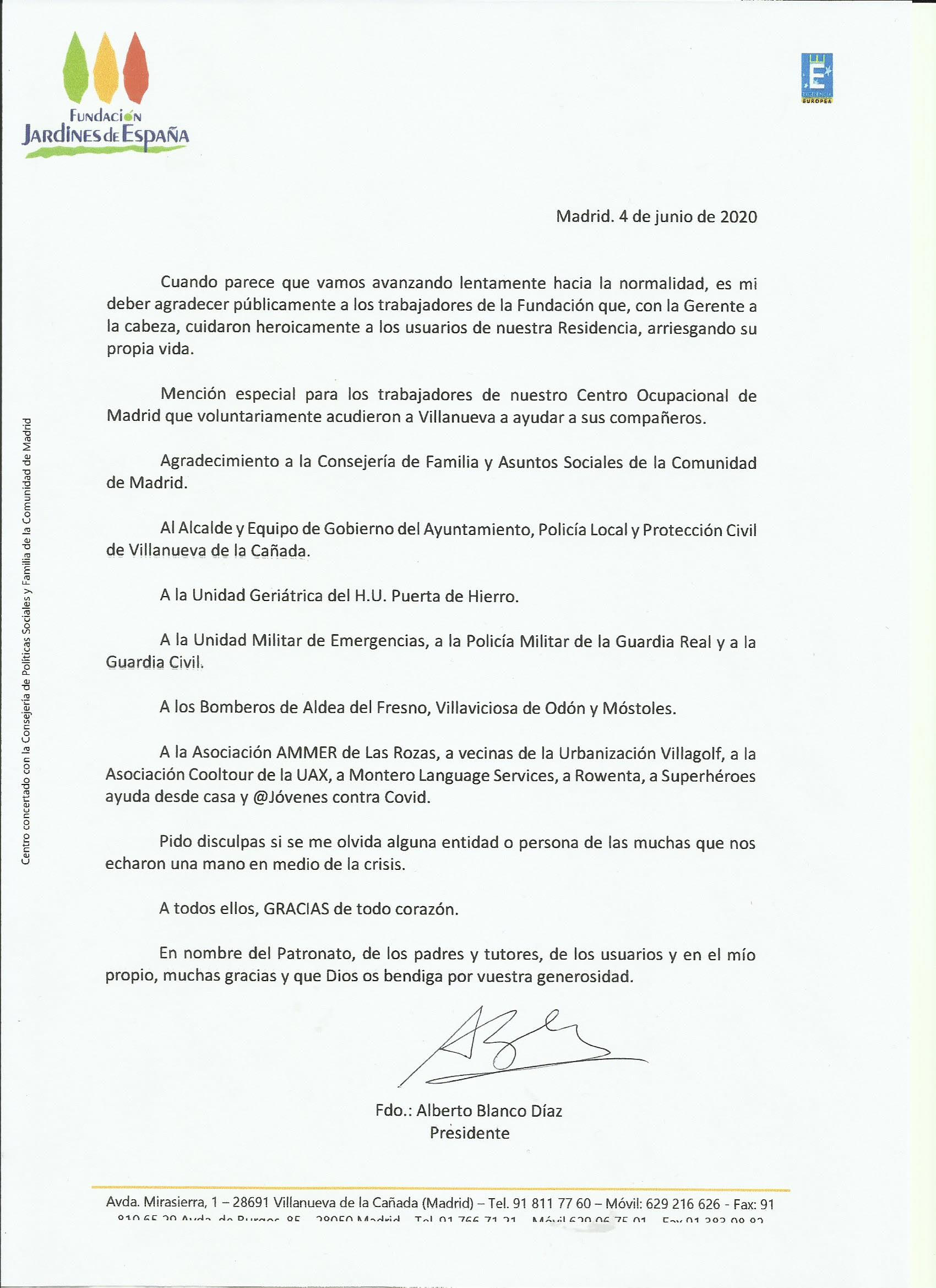 Carta de agradecimiento Presidente Fundación – Fundación Jardines de España